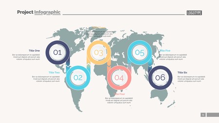 Six options process chart slide template. Business data. Step, diagram, design. Creative concept for infographic, presentation. Can be used for topics like management, marketing, logistics.のイラスト素材