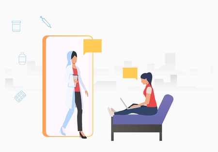 Doctor going out of mobile phone to woman using laptop vector illustration. Healthcare application, psychologist, online doctor. Medical app concept. Creative design for layouts, web pages, bannersのイラスト素材