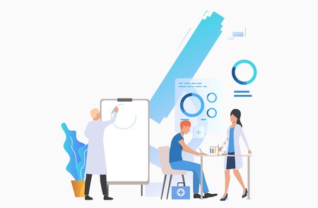 Physicians drawing graph and working with tubes vector illustration. Research, medical education, scientific research. Science concept. Creative design for layouts, web pages, bannersのイラスト素材