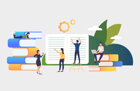 Group of people working on books. Authors, brainstorming, printing house, library. Business concept. Vector illustration for poster, presentation, new projectのイラスト素材