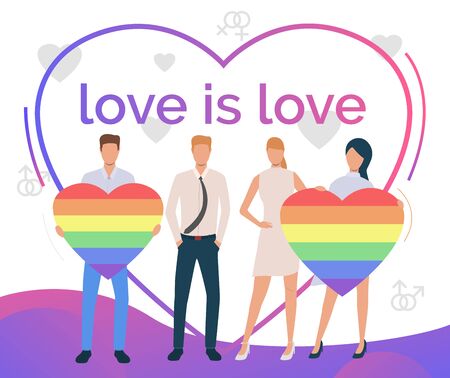 Love is Love text in heart shaped frame. Gay and lesbian couples with rainbow hearts. LGBTQ pride concept. Vector illustration can be used for topics like diversity, LGBT community, proudのイラスト素材