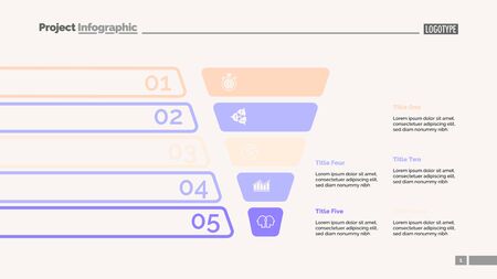 Funnel diagram with five steps. Process chart, slide template. Creative concept for infographics, presentation, project, report. Can be used for topics like business, planning, managementのイラスト素材