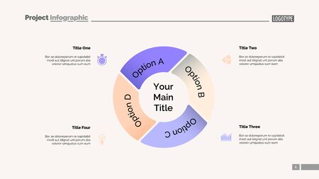 Pie chart with four elements. Diagram, option graph, layout. Business data. Creative concept for infographics, presentation, project. Can be used for topics like marketing, analysis, workflow.のイラスト素材