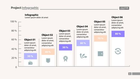 Six columns bar chart slide template. Business data. Percentage, diagram, design. Creative concept for infographic, presentation, report. Can be used for topics like management, finance, research.のイラスト素材