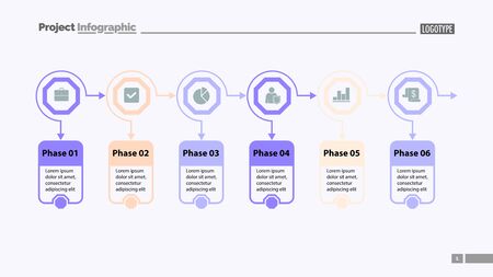 Six options process chart slide template. Business data. Option, diagram, design. Creative concept for infographic, presentation. Can be used for topics like marketing, planning, teamwork.のイラスト素材