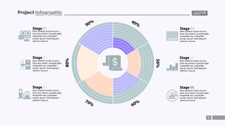 Six stages in circle diagram template. Business data. Graph, chart, design. Creative concept for infographic, report. Can be used for topics like money, finances, managementのイラスト素材