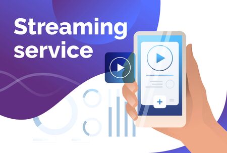 Streaming service presentation slide template. Hand holding smartphone with player interface. Watching video concept. Vector illustration can be used for broadcasting and livestreamのイラスト素材