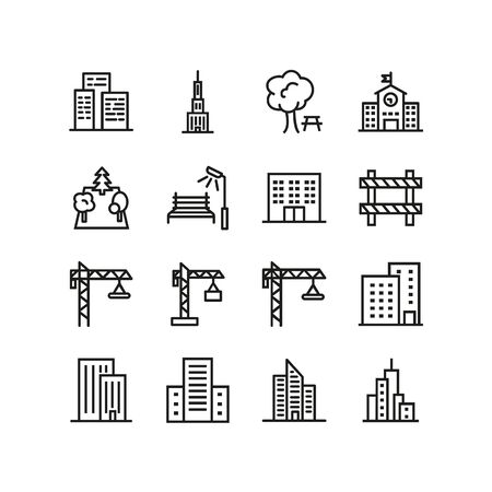 City buildings line icon set. Skyscraper, crane, downtown. Construction site concept Can be used for topics like industry, street, districtのイラスト素材