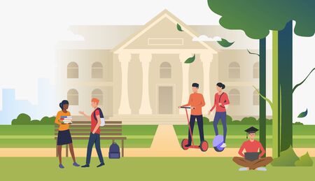 Students walking and chatting in campus park. Information, university, nature concept. Vector illustration can be used for topics like knowledge, relaxation, educationのイラスト素材