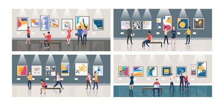 Collection of people in art museum. Flat cartoon characters watching pictures in gallery. Can be used for advertisement, art event, artwork exhibitionのイラスト素材