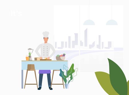 Chef cooking dinner at kitchen table and cutting bread. Meal, restaurant, dinner concept. Vector illustration can be used for topics like food, cuisine, cookingのイラスト素材