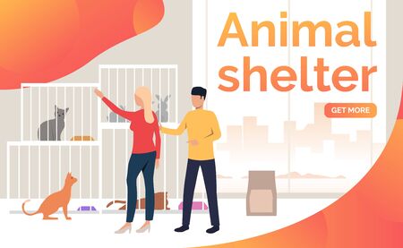 Woman adopting pet from animal shelter. Homeless pets, help concept. Poster or landing template. Vector illustration for topics like animal shelter, adoption, charityのイラスト素材