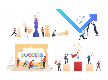 Set of business people achieving success. Male and female cartoon characters achieving goals. Vector illustration for presentation, advertising, promoのイラスト素材