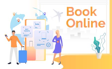 Passengers holding baggage and smartphone. Flight, mobile app, tourism. Booking online concept. Vector illustration can be used for banners, poster, presentation slideのイラスト素材