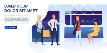 Passengers using smartphones, holding bags in train carriage. Public transport concept. Vector illustration can be used for presentation, posters, landing pagesのイラスト素材