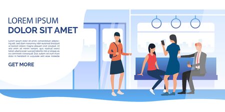 Train passengers using mobile phones in carriage. City, commuting, station. Public transport concept. Vector illustration can be used for presentation, posters, landing pagesのイラスト素材