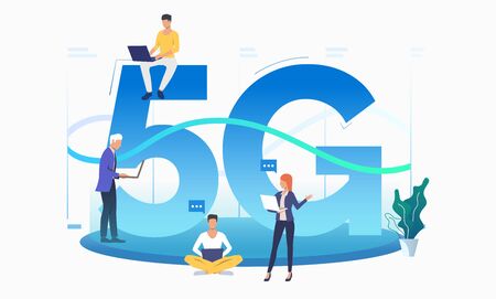 Professionals using high speed 5G network. Fifth generation, internet, speech bubble. Technology concept. Vector illustration can be used for topics like telecommunication, interacting, teamworkのイラスト素材