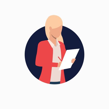 Businesswoman taking notes on paper. Student, lecture, journalist. Business concept. Vector illustration can be used for topics like education, presentation, mediaのイラスト素材