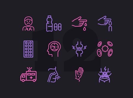 Ambulance line icon set. Set of line icons on white background. Medicine concept. Pain, virus, nasal cold. Vector illustration can be used for topics like medicine, illness, healthcareのイラスト素材