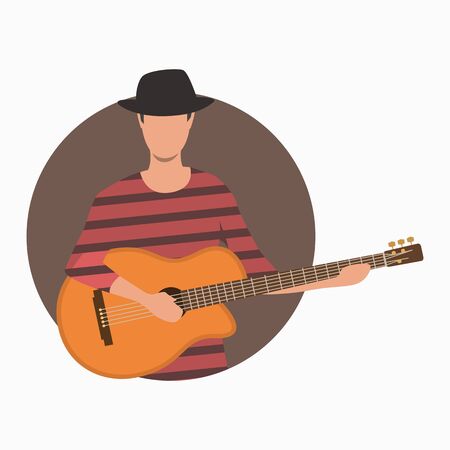 Old-fashioned man playing guitar on brown round background. Halloween, cartoon characters, costume. Vector illustration for poster, leaflet, brochureのイラスト素材