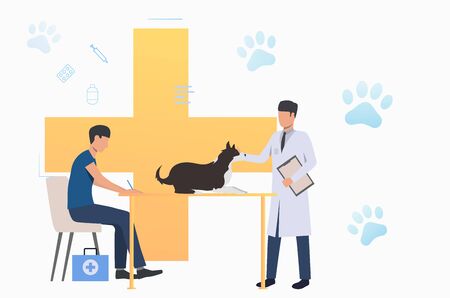 Man with dog visiting veterinarian. Treatment, consultation, animal care concept. Vector illustration can be used for topics like health, vet clinic, veterinaryのイラスト素材