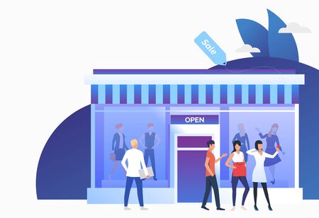 Buyers standing and holding bags near shop front. People choosing and buying clothes in shop. Fashion outlet, boutique concept. Vector illustration can be used for topics like business, shopping, saleのイラスト素材
