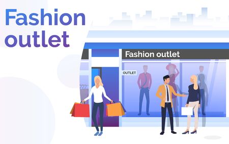 Buyers standing and holding bags near shop window. Fashion outlet, boutique concept. Poster or landing template. Vector illustration for topics like business, shopping, saleのイラスト素材