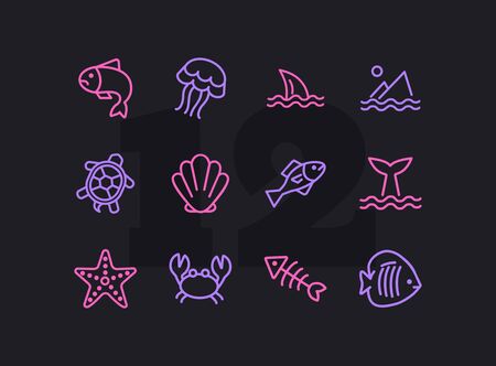 Sea life line icon set. Fish, shark, turtle. Wildlife concept. Can be used for topics like seafood, ecology, fishingのイラスト素材