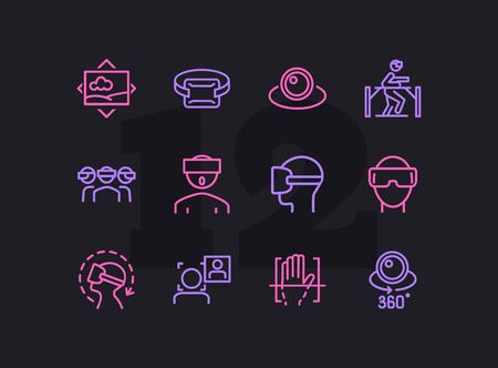 VR line icon set. Set of line icons on white background. Technology concept. Camera, device, virtual presentation. Vector illustration can be used for topics like modern technology, video, vloggingのイラスト素材