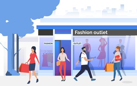 Shoppers walking and carrying bags near shop window. People choosing and buying clothes in shop. Fashion outlet, boutique concept. Vector illustration for topics like business, shopping, saleのイラスト素材