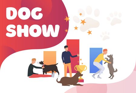 Pet owners petting dogs and celebrating victory. Winner, award, animal concept. Poster or landing template. Vector illustration for topics like entertainment, competition, dog showのイラスト素材