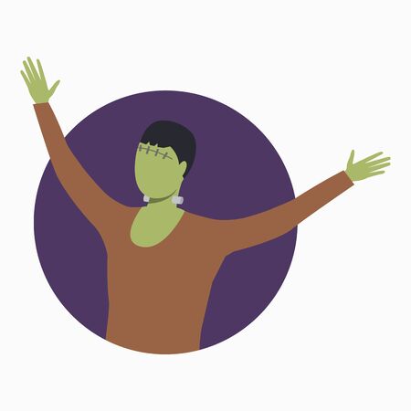 Frankenstein with outstretched arms on round background. Halloween, cartoon characters, costume. Vector illustration for poster, leaflet, brochureのイラスト素材
