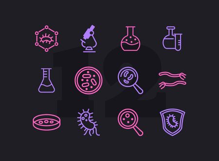 Biological laboratory line icon set. Set of line icons on white background. Science concept. Laboratory, flask, lens. Vector illustration can be used for topics like biology, investigation, studyのイラスト素材