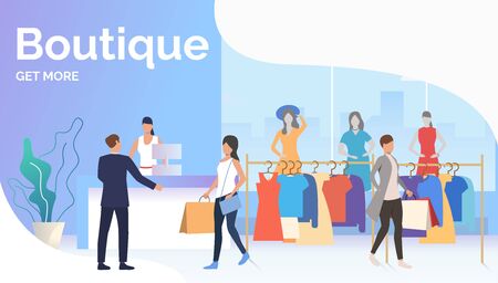 People choosing and buying clothes in boutique. Fashion outlet, boutique concept. Poster or landing template. Vector illustration for topics like business, shopping, saleのイラスト素材