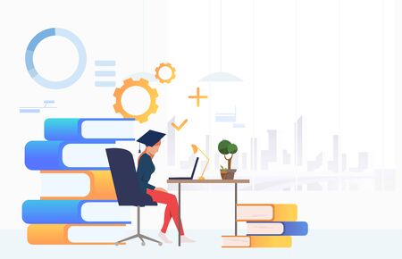 Student using laptop and studying at desk. University, graduation, information concept.のイラスト素材