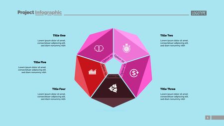 Cycle diagram with five options. Option chart, segments, slide template. Creative concept for infographics, presentation, project, report. Can be used for topics like business, startup, investmentのイラスト素材