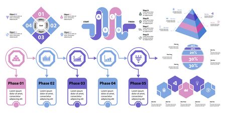 Business infographic creative design set can be used for annual report, web design, workflow layout. Workflow concept. Option, venn, cycle, donut charts, bar graph, flowchartのイラスト素材
