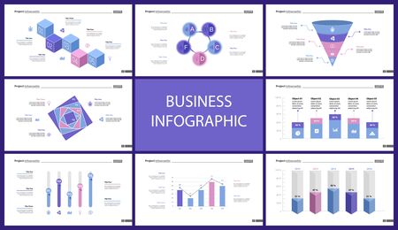 Business infographic diagram slide templates set can be used for workflow layout, annual report, web design. Marketing concept. Donut, arrow, timeline, process charts, bar graph, cycle, area diagramのイラスト素材