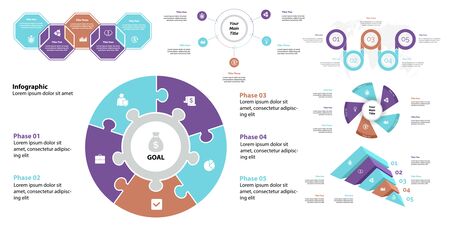 Creative infographic diagrams with geometric elements for project management concept. Can be used for business project, annual report, web design. Process chart, option chart, flowchart, donut diagramのイラスト素材