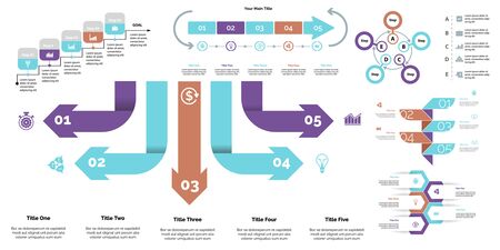 Creative infographic diagrams with geometric elements for project management concept. Can be used for business project, annual report, web design. Process chart, option chart, flowchart, donut diagramのイラスト素材