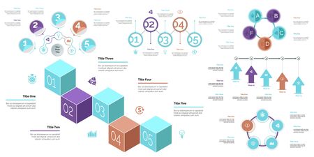 Inforgraphic slide templates for business presentation can be used for annual report, web design, workflow layout. Global business concept. Process, option charts, flowchart, bar graph, donut chartのイラスト素材