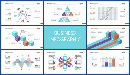 Business presentation page design set can be used for annual report, web design, workflow layout. Analysis concept. Process cart, flowchart, donut, pie graphs, organizational chart, bar graphのイラスト素材