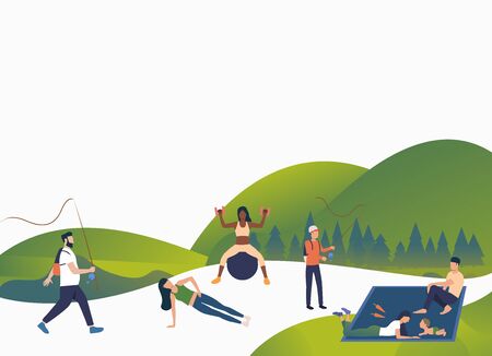 Active people relaxing in open air. Male and female cartoon characters doing exercises, fishing and...