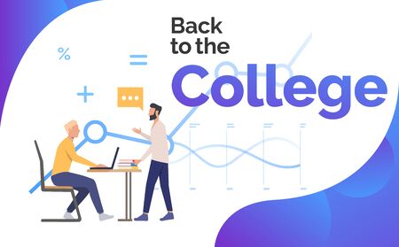 Professor teaching student who is sitting at desk with laptop. Information, back to college concept. Poster or landing template. Vector illustration for topics like study, knowledge, educationのイラスト素材