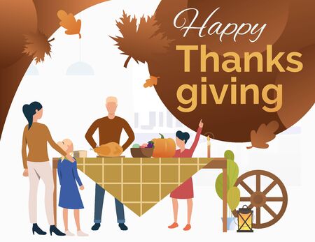 Family celebrating Thanksgiving Day together. Male and female cartoon characters celebrating holiday. Vector illustration for commercial, postcard, posterのイラスト素材