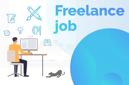 Male freelancer working at computer landing template. Home, ideas, cat. Remote job concept. Vector illustration can be used for presentation slide, poster, new projectのイラスト素材