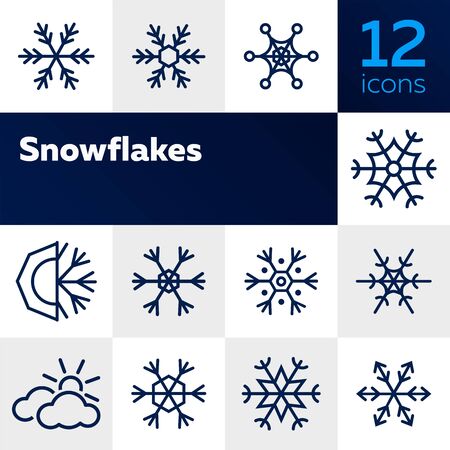 Snowflakes line icon set. Set of line icons on white background. Cold, winter, frozen. Winter concept. Vector illustration can be used for topics like cold, december, winter seasonのイラスト素材
