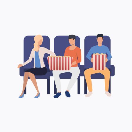 Friends sitting at cinema. Armchair, popcorn, movie. Happy friends concept. Vector illustration for website, landing page, online storeのイラスト素材