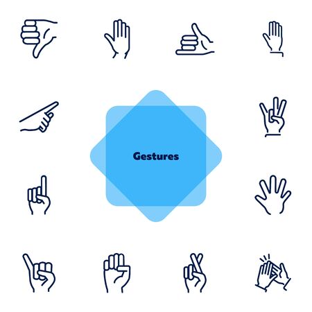 Gestures line icon set. Hand, dislike, pointing with finger, fingers crossed. Body language concept. Can be used for topics like approval, signs, gesturingのイラスト素材