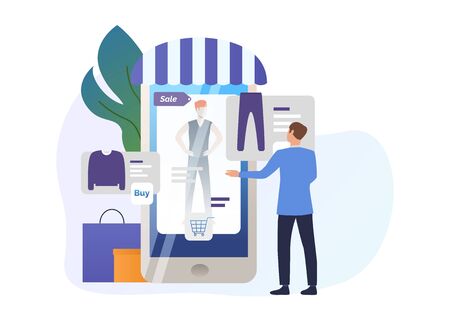 Customer choosing goods in internet store. Man doing shopping with mobile phone. Commerce concept. Vector illustration for advertising, layout, landing page templateのイラスト素材